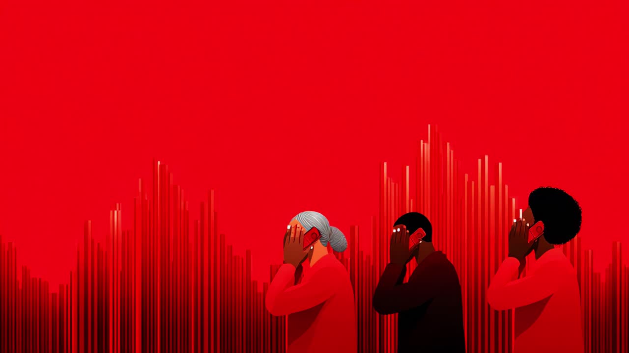 A striking visual representation of individuals engaged in conversation, with a vibrant red background emphasizing the emotional intensity and connection among them, complemented by sound wave graphics