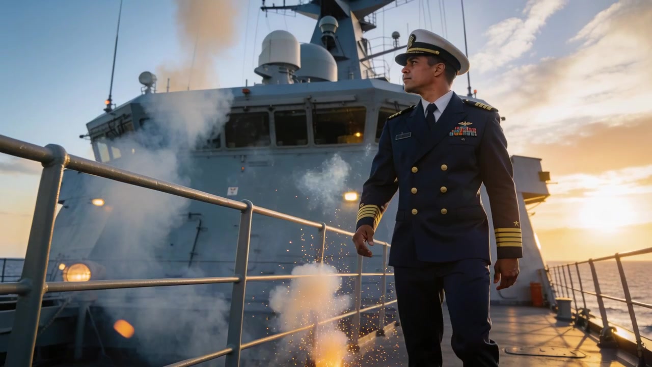 Ufficiale di marina in alta uniforme che cammina, rallenta e osserva i razzi che si accendono vicino alla ringhiera del ponte, con spazio per il testo