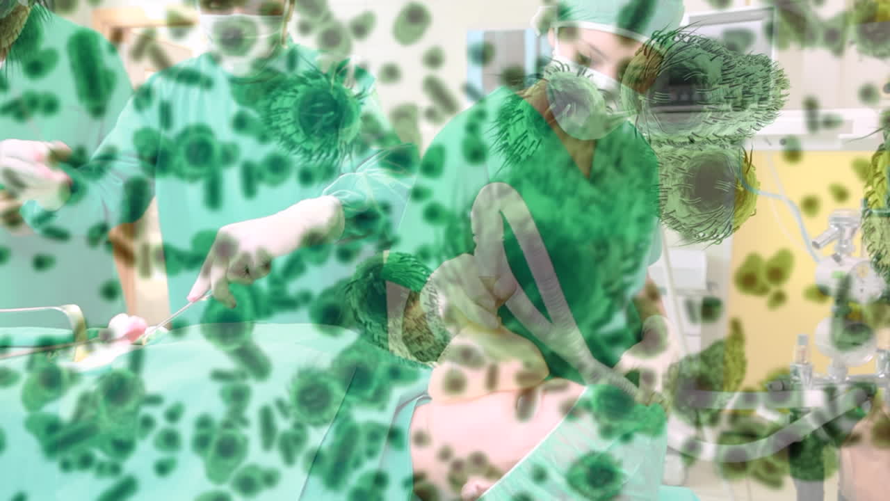 수술실에서 얼굴 마스크를 착용하는 다양한 외과 의사들에 대한 코로나 19 세포의 애니메이션