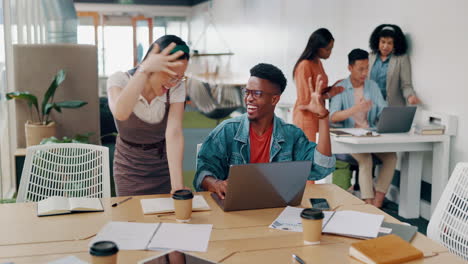 teamwork, laptop and business people fist bump