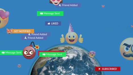 animación del texto de las redes sociales en banners con emojis ver globe en fondo azul