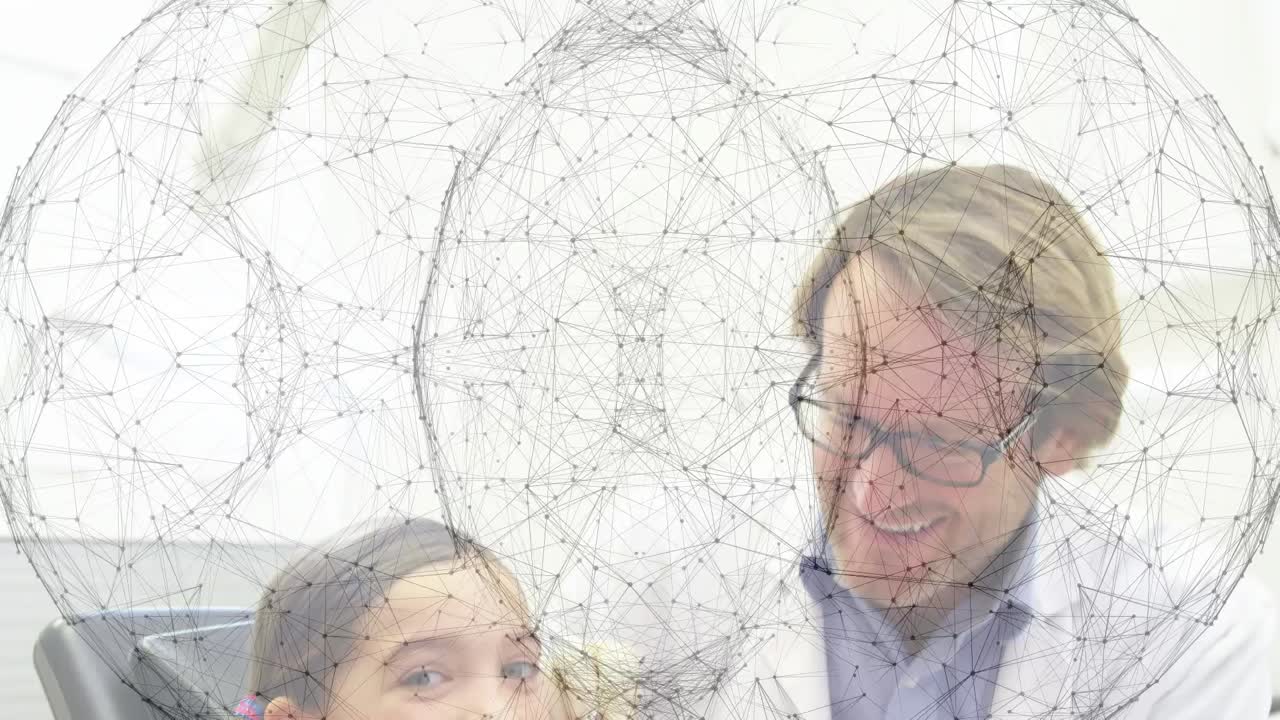 animación de una red de conexiones sobre una chica caucásica que tiene sus dientes examinados por un dentista masculino