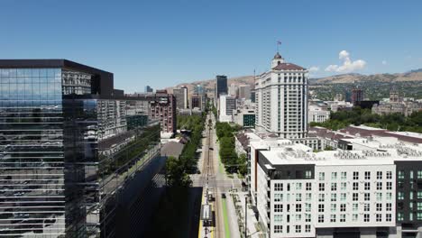 Downtown-Skyscraper-and-High-Rise-Buildings-in-Salt-Lake-City,-Utah---Aerial