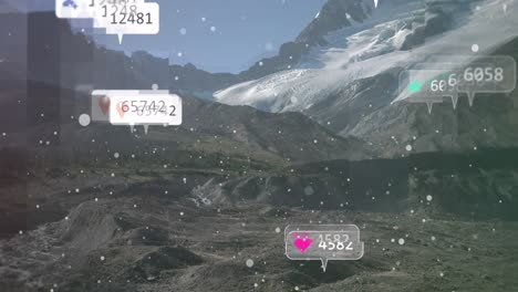 Multiple-speech-bubbles-with-social-media-icons-and-increasing-numbers-against-mountain-landscape