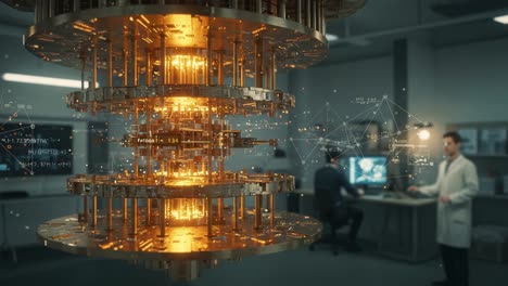 revolutionary quantum computing lab showcasing advanced quantum processor and scientists engaged in discovery and innovation
