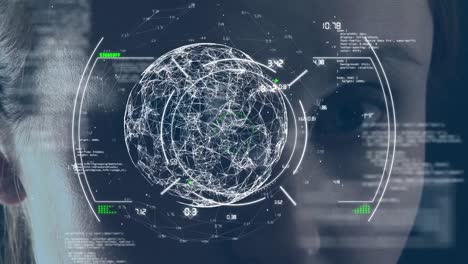 Scope-Scannen-über-Den-Gesamten-Globus-Von-Netzwerkverbindungen-Im-Vergleich-Zur-Nahaufnahme-Der-Augen-Einer-Kaukasischen-Frau