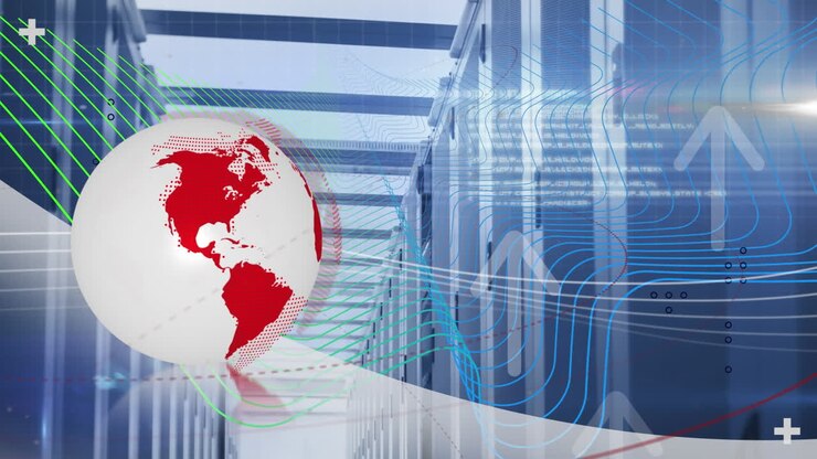 Animation of globe, arrows and data processing over computer servers