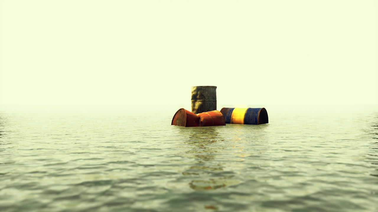 Floating barrels and tents on calm water during a hazy afternoon