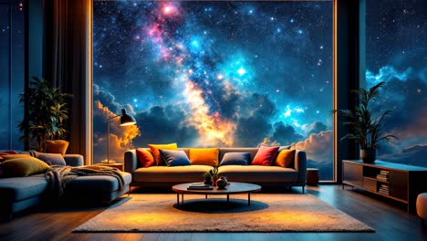 modern living room with galactic view