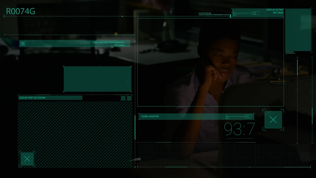 Animation of interface with data processing over african american woman working late at office