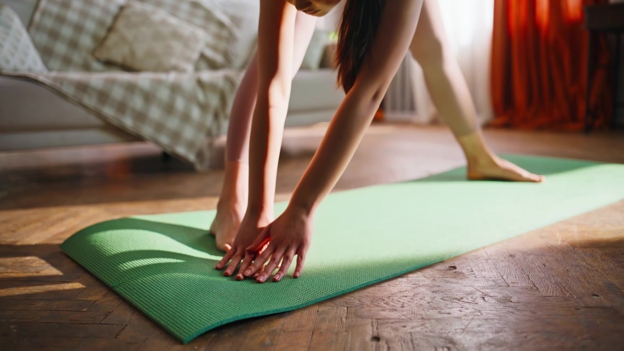 Donna asiatica che esegue un piegamento in avanti durante una sessione di yoga a casa. Primo piano di mani e piedi su un tappetino verde.