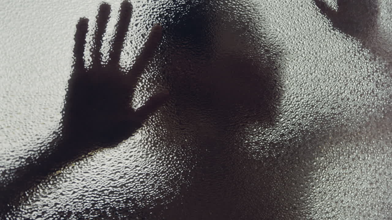 A female silhouette behind the frosted glass moves slowly