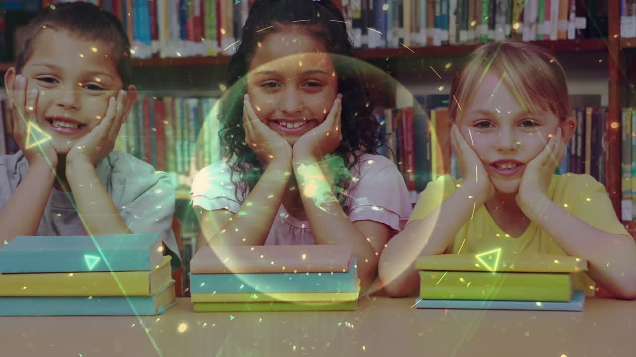 Geometrical shapes and mathematical equations portrait of diverse students smiling at library