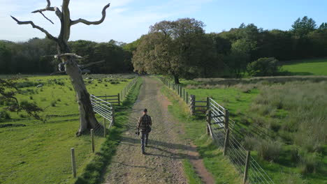 Man-walking-down-deserted-track-approaching-dead-tree-with-sheep-in-fields