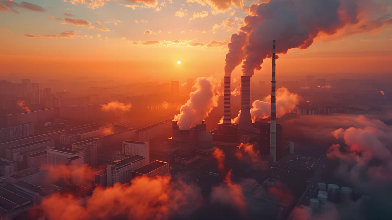 Centrali elettriche industriali che emettono fumo al tramonto