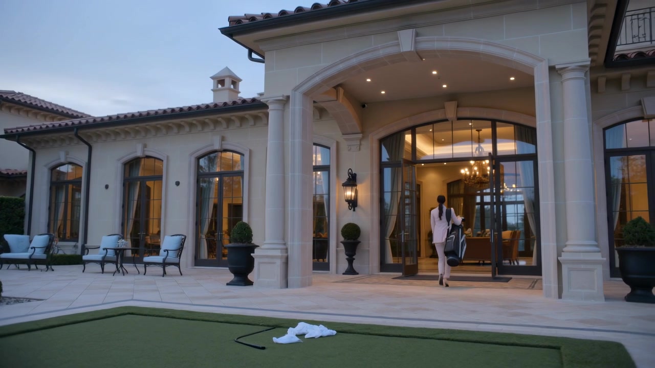 Mulher caminhando, vestindo blazer e calças leves, carregando um saco de golfe do putting green para um hall iluminado.
