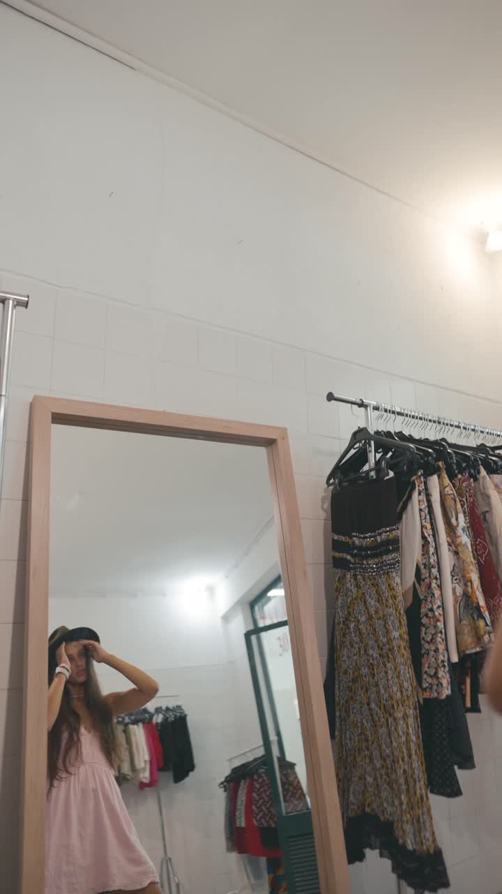 Woman in a dress reflected in a mirror at a clothing store