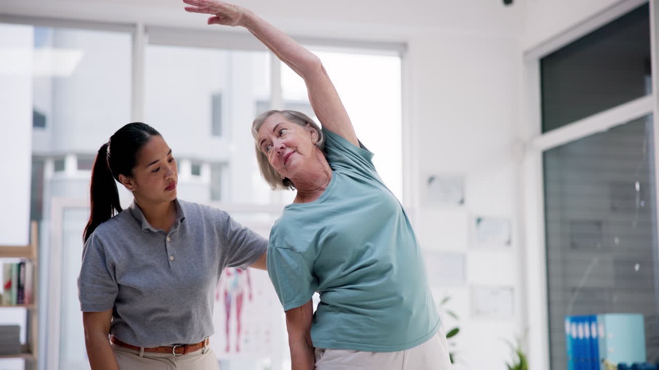 Senior woman, physiotherapist and stretching arm