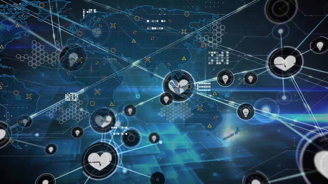 animación de la red de conexiones con iconos y mapa del mundo en fondo negro.