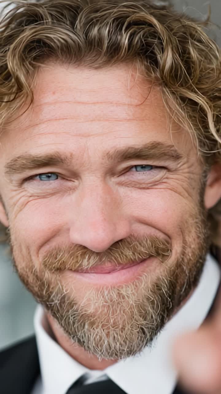Charming Portrait of a Well-Groomed Man with Wavy Hair and Blue Eyes Showcasing a Warm Smile and Distinguished Look in Formal Attire