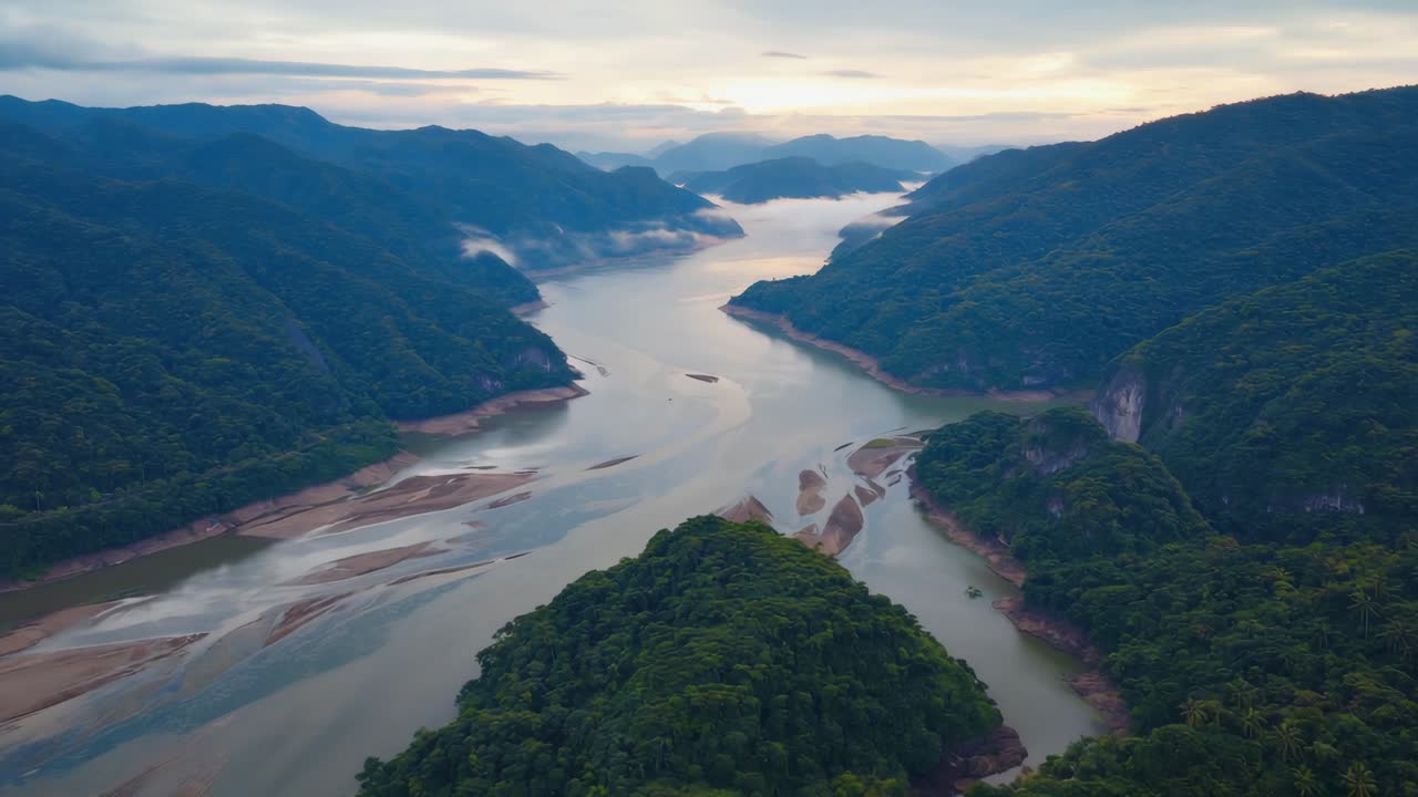 산 을 가로질러 흐르는 강 의 공중 사진