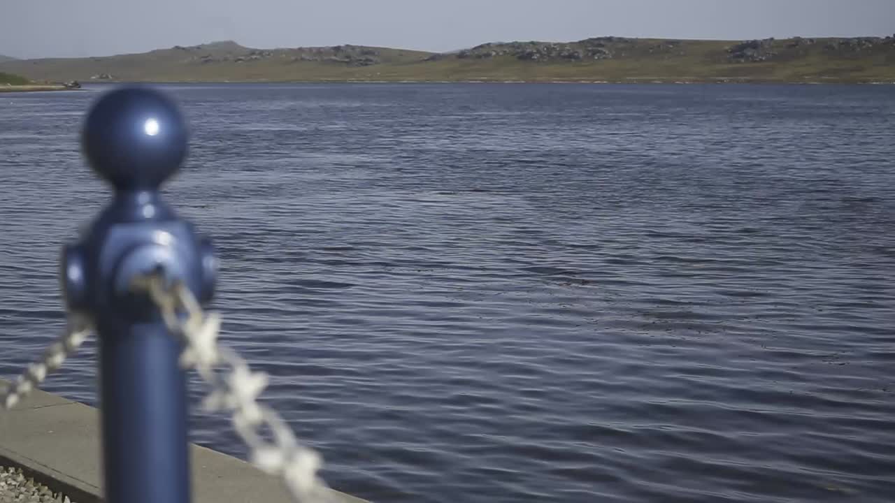 Camera panning to the right reveals lake water behind a metal railing adorned with a chain, showcasing a tranquil scene