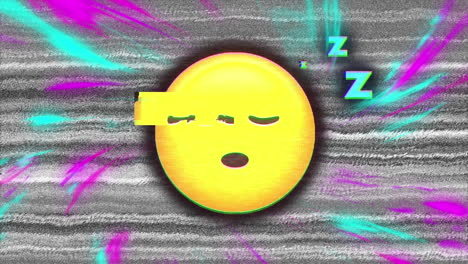 animación digital de ondas digitales coloridas sobre emojis de cara durmiente contra el efecto estático de la televisión