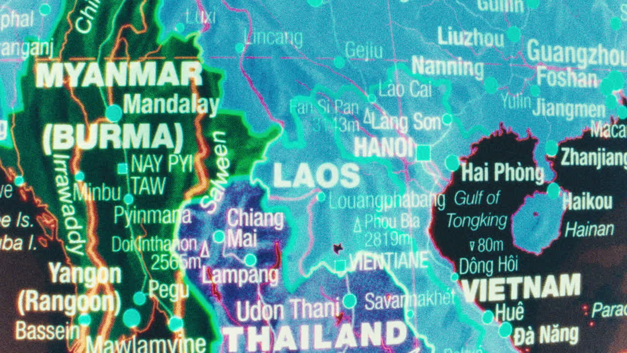Close-up of a detailed map of Southeast Asia, featuring Myanmar, Laos, Thailand, and Vietnam
