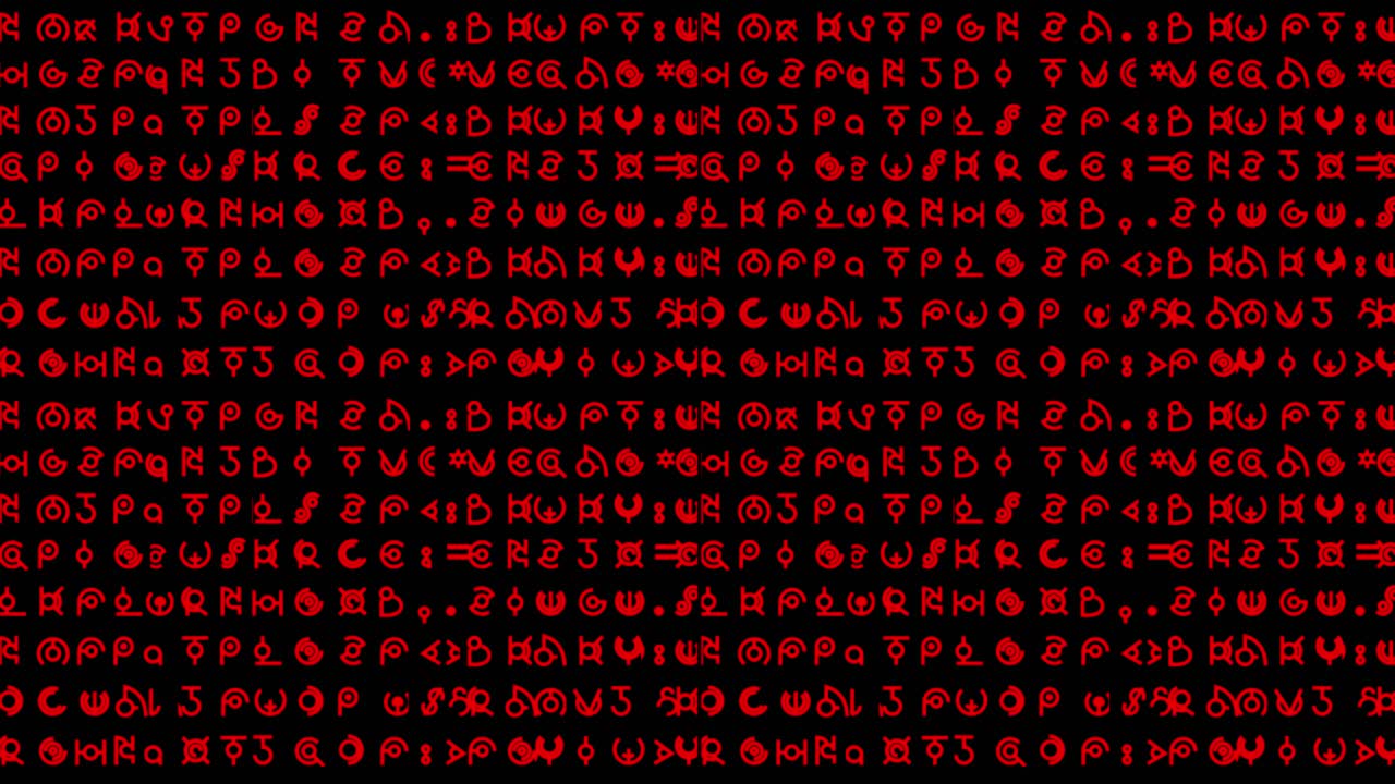 Bevægelsesgrafik med rækker af hieroglyffer i rumvæsenstil og skrevet tekst, der hurtigt skifter i tilfældige sekvenser med lille rød skrift - ideel til indhold med skærmudskiftning