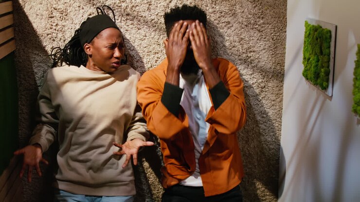 Top down view of African american couple arguing on the hallway floor