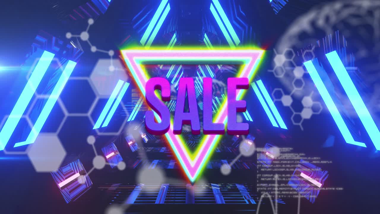 네온 삼각형과 화학 공식으로 만든 터널 위의 판매 애니메이션