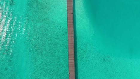 volando sobre un embarcadero estrecho tropical exótico en maldivas en medio del océano índico