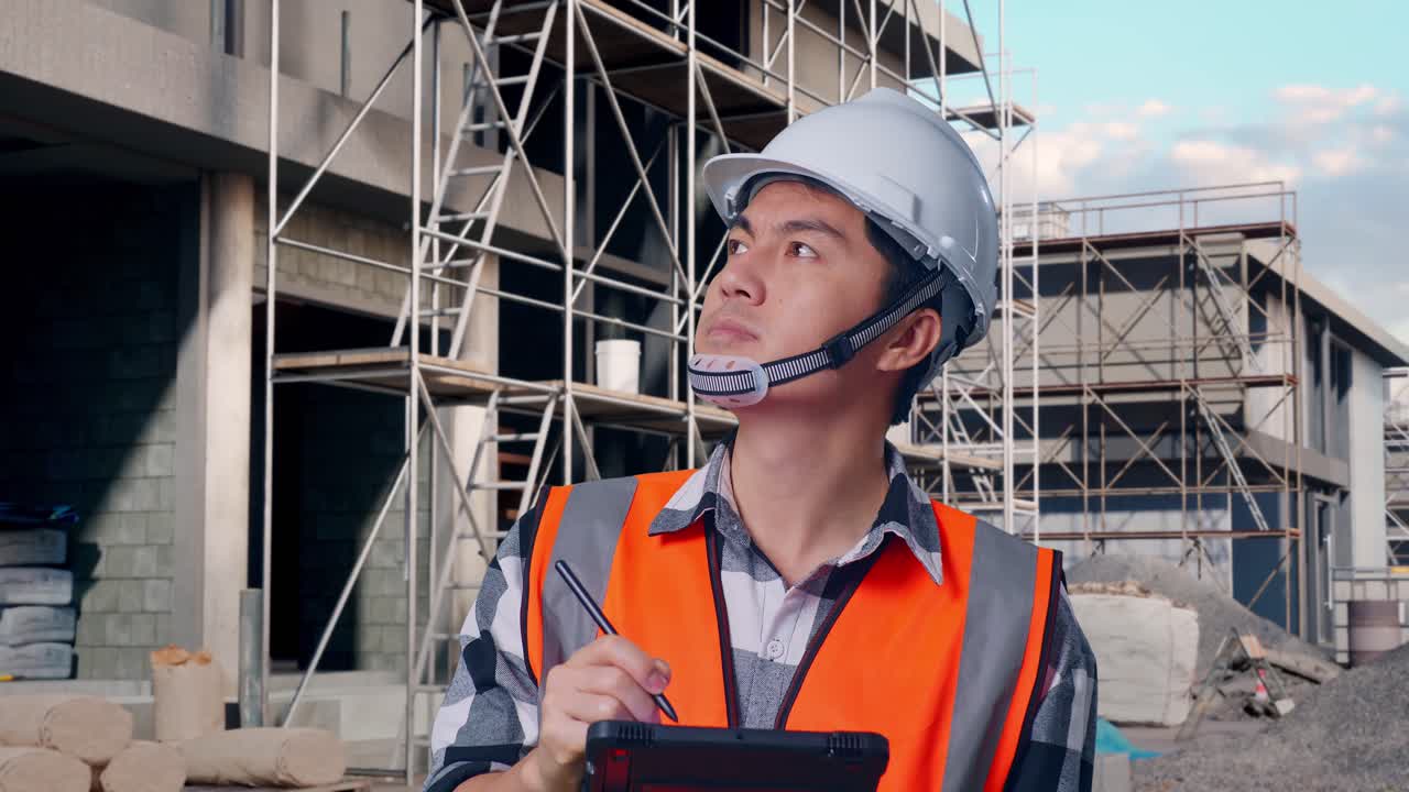Close Up Of Asian Male Engineer With Safety Helmet Taking Note On The Tablet And Looking Around While Standing At Building & Construction Site in Progress to New House