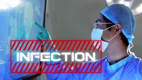 animación de la palabra infección con un trabajador de la salud en el fondo durante la pandemia de coronavirus