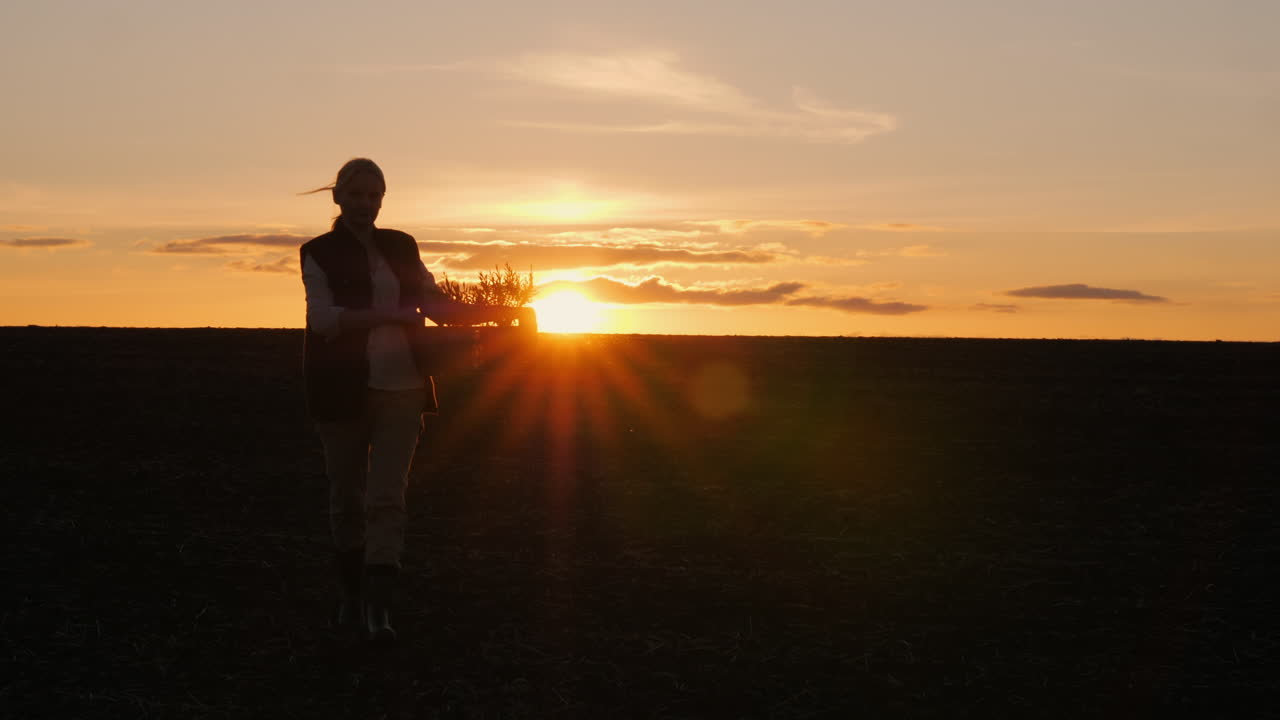 женщина сажает в поле при заходе солнца