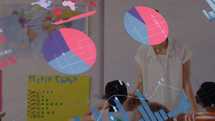 Animation of multicolored infographic interface over diverse female teacher teaching students