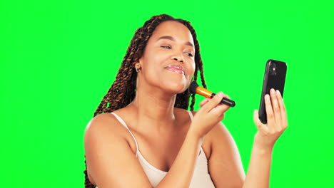 makeup brush, selfie and woman on green screen