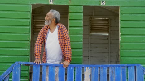 vista frontal de un hombre afroamericano mayor feliz y activo de pie en la cabaña de la playa en un día soleado 4k