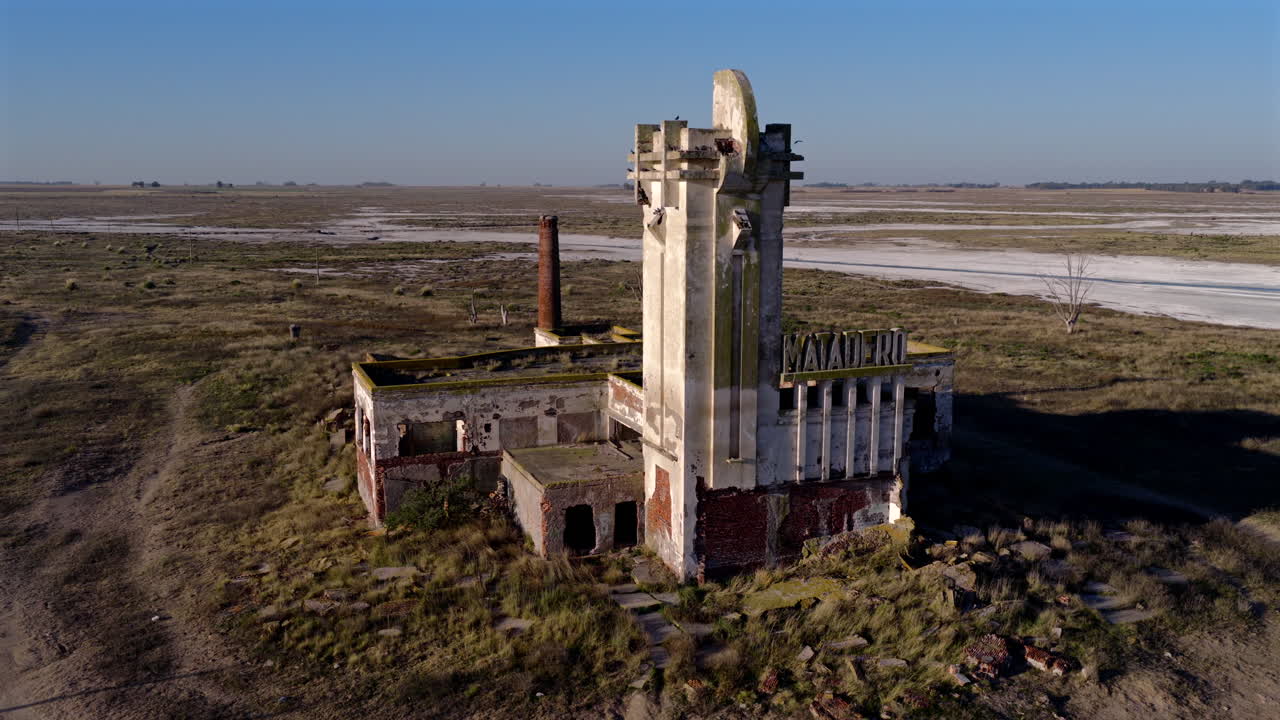 Aerial view of the old Matadero ruins in Lago Epecuén, an abandoned slaughterhouse surrounded by dry land and reflections