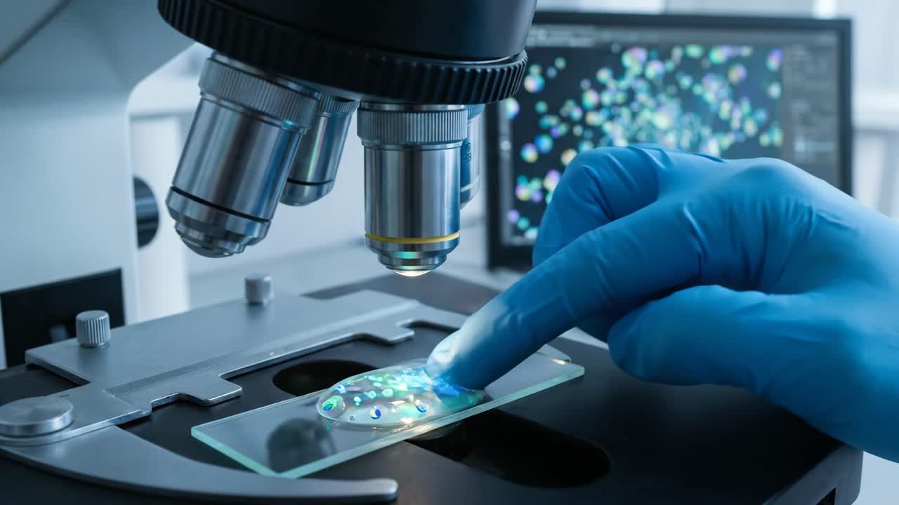 Scientist's Hand Manipulating Glowing Sample Under Microscope