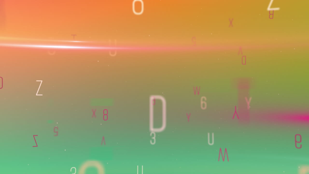 múltiples alfabetos y números flotando contra un fondo de gradiente verde y naranja