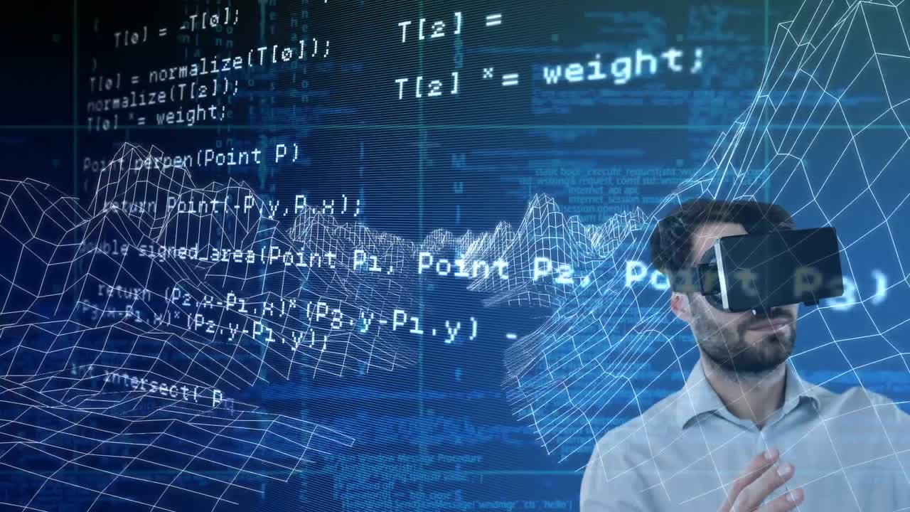 Caucasian man wearing vr headset over data processing and 3d mountains structures on blue background