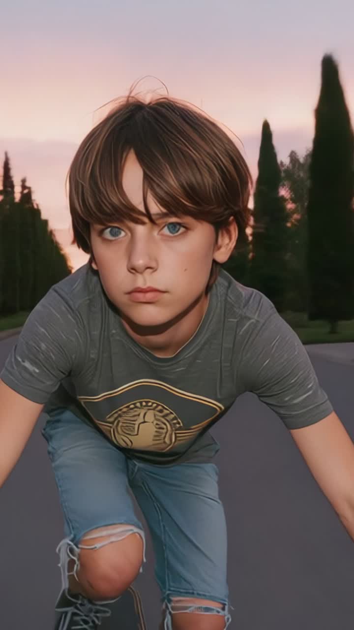 Vertical video: Cycling adolescent boy leaning forward along avenue at dusk, with evergreen trees