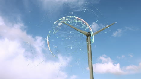 animation of globe with numbers over wind turbine