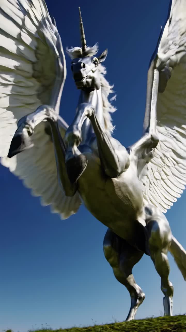 Un maestoso Pegaso con le ali spiegate si erge su una collina, ripreso dal basso.