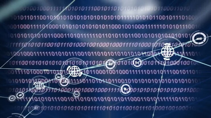 Animation of network of connection with icons over blue background with binary code