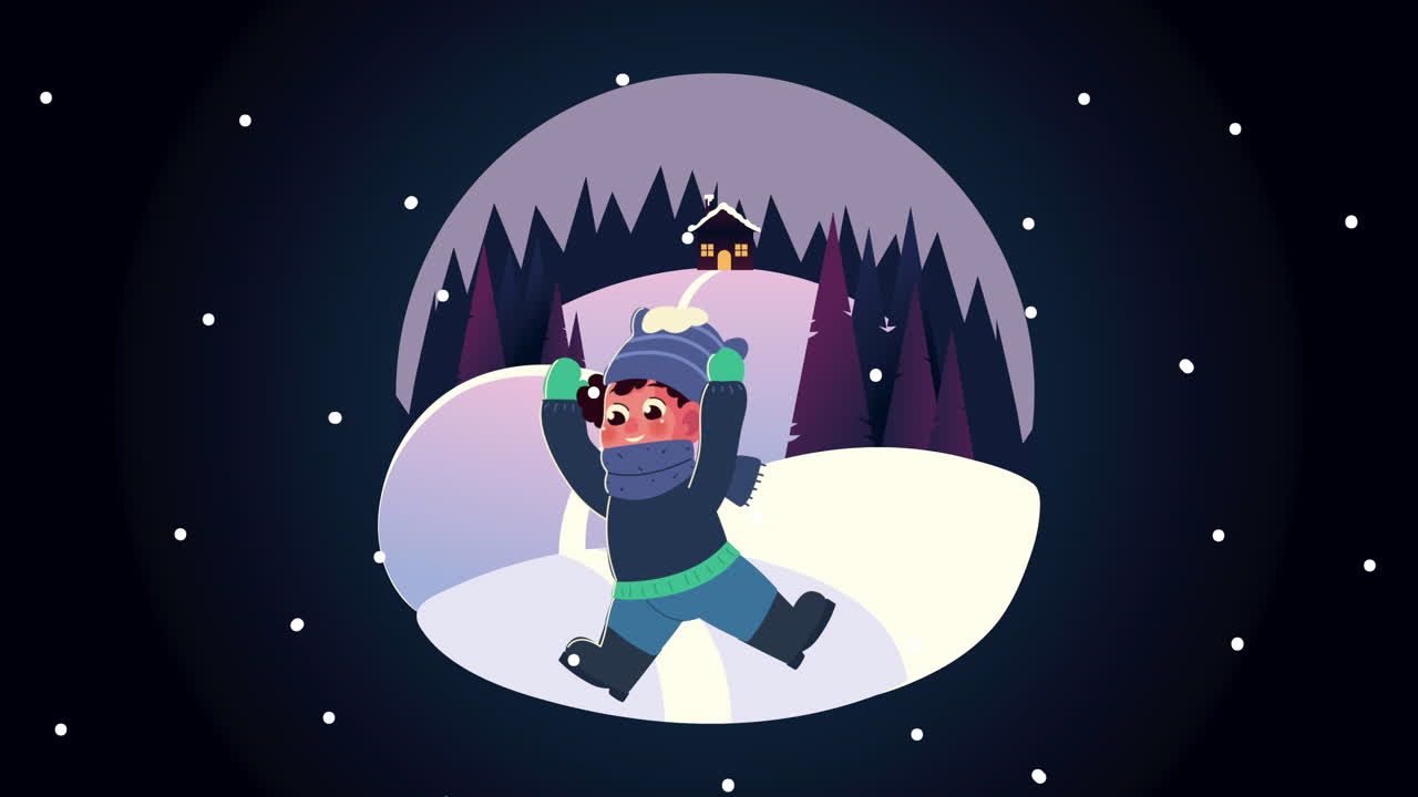 niño con ropa de invierno en la escena nocturna del paisaje nevado