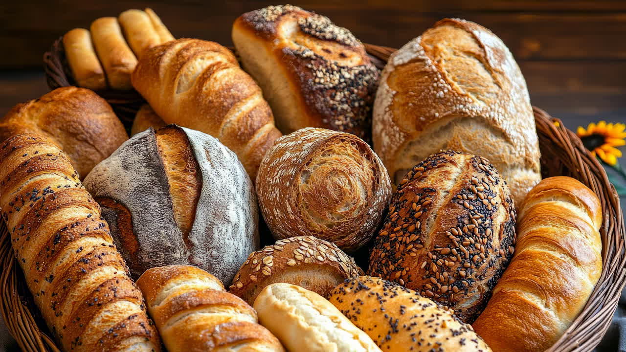 Warm morning bread basket. Different types of bread are placed in a basket. Steam rises as the bread stays warm. It is morning time