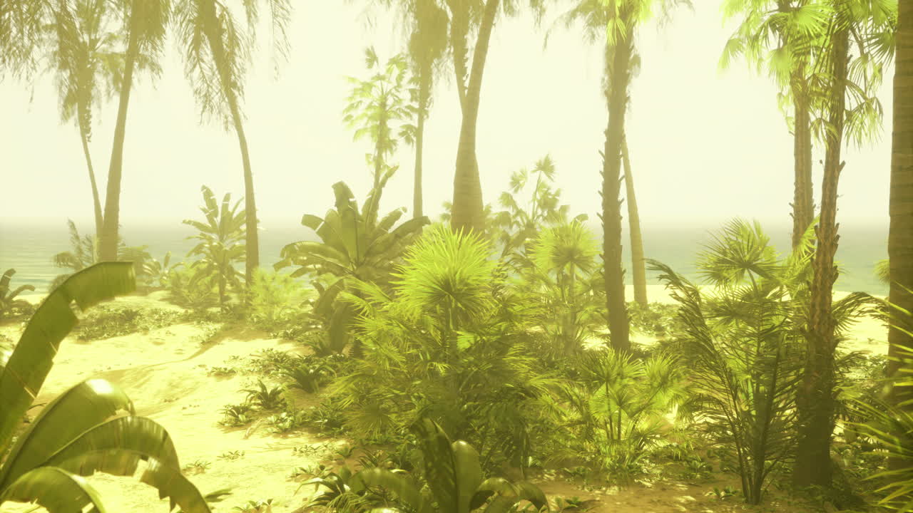 Lush tropical landscape with palm trees and vibrant vegetation by the ocean