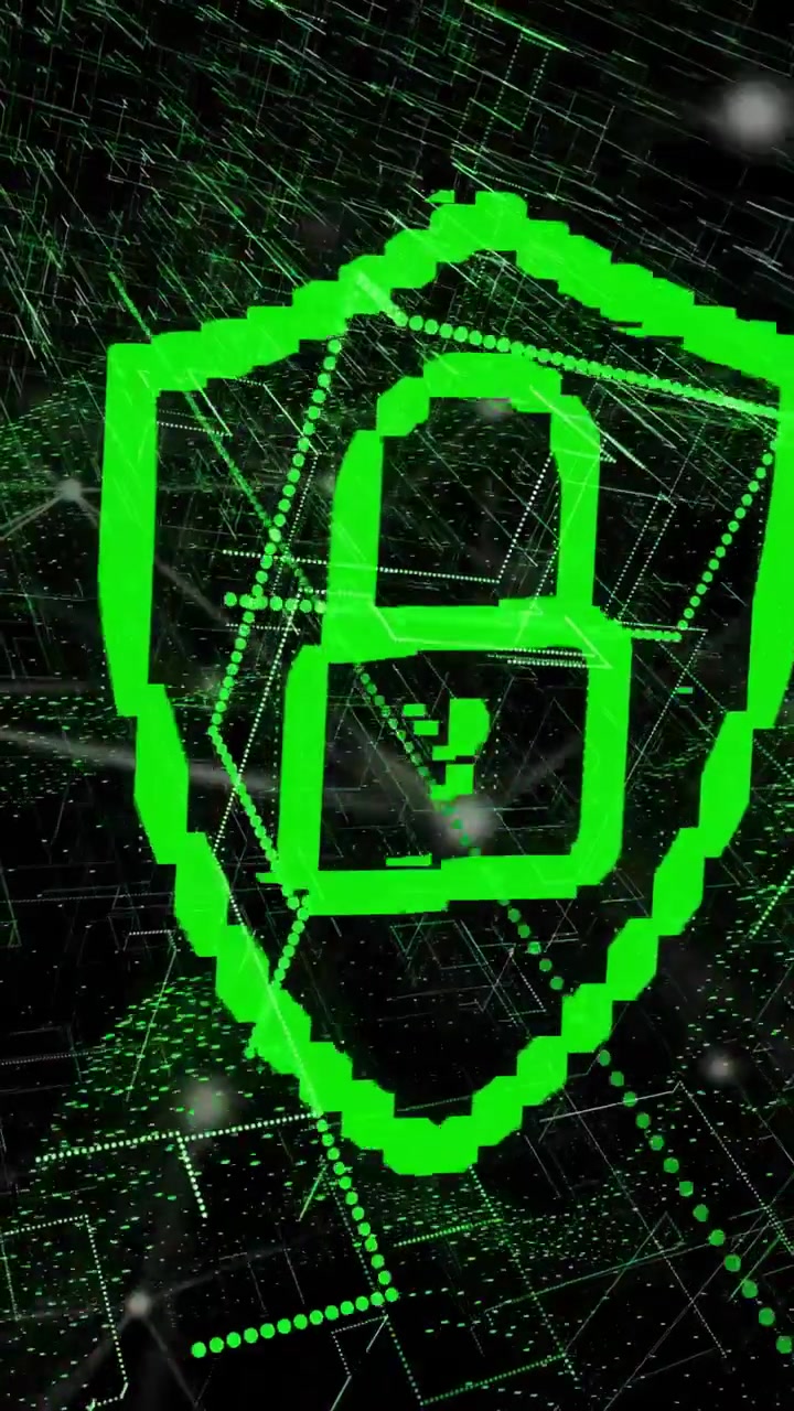 Vertical video: Digits cycling, neon green shield morphing into padlock, signaling security